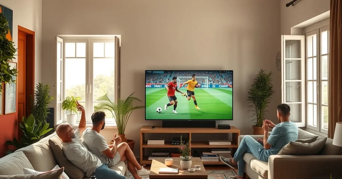 Amici seduti sul divano in un salotto luminoso guardano insieme una partita di calcio in TV