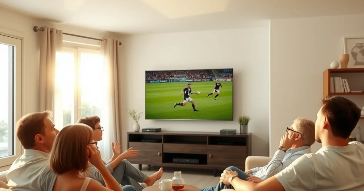 Un gruppo di amici guarda una partita di Serie A in salotto, luce naturale del giorno, atmosfera casalinga e luminosa