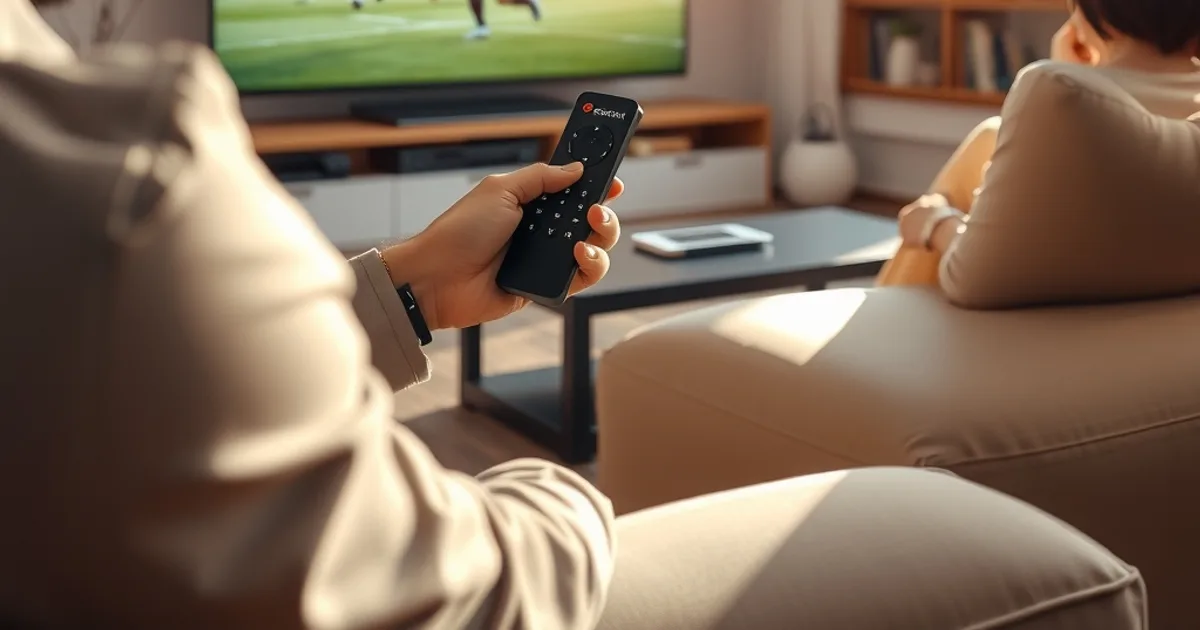 Persona seduta sul divano in un soggiorno luminoso guarda una partita di calcio in streaming sulla smart TV con telecomando in mano