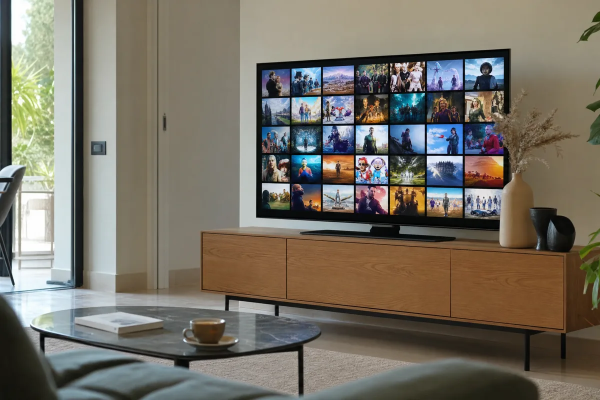 Smart TV che mostra una griglia di copertine di film e serie in un soggiorno minimal e luminoso