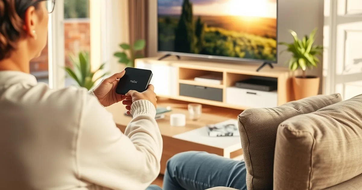 Persona in un soggiorno luminoso che confronta un telecomando e una smart TV per verificare la qualità 4K dello streaming