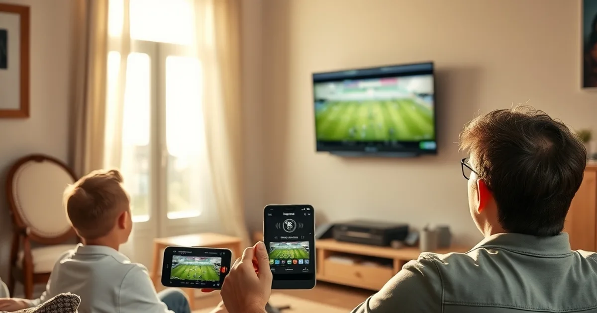 Famiglia in soggiorno luminoso guarda una partita di calcio in streaming su smart TV, con uno smartphone in mano