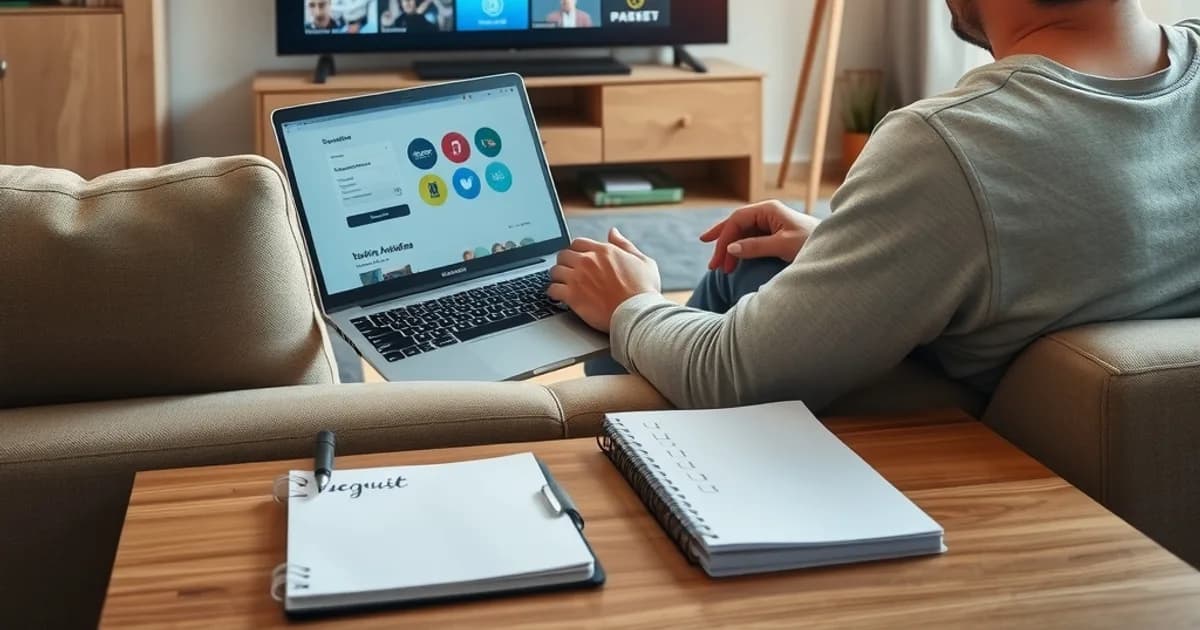 Persona confronta due servizi di streaming su laptop in un salotto luminoso, con la smart TV sullo sfondo che mostra una partita di calcio