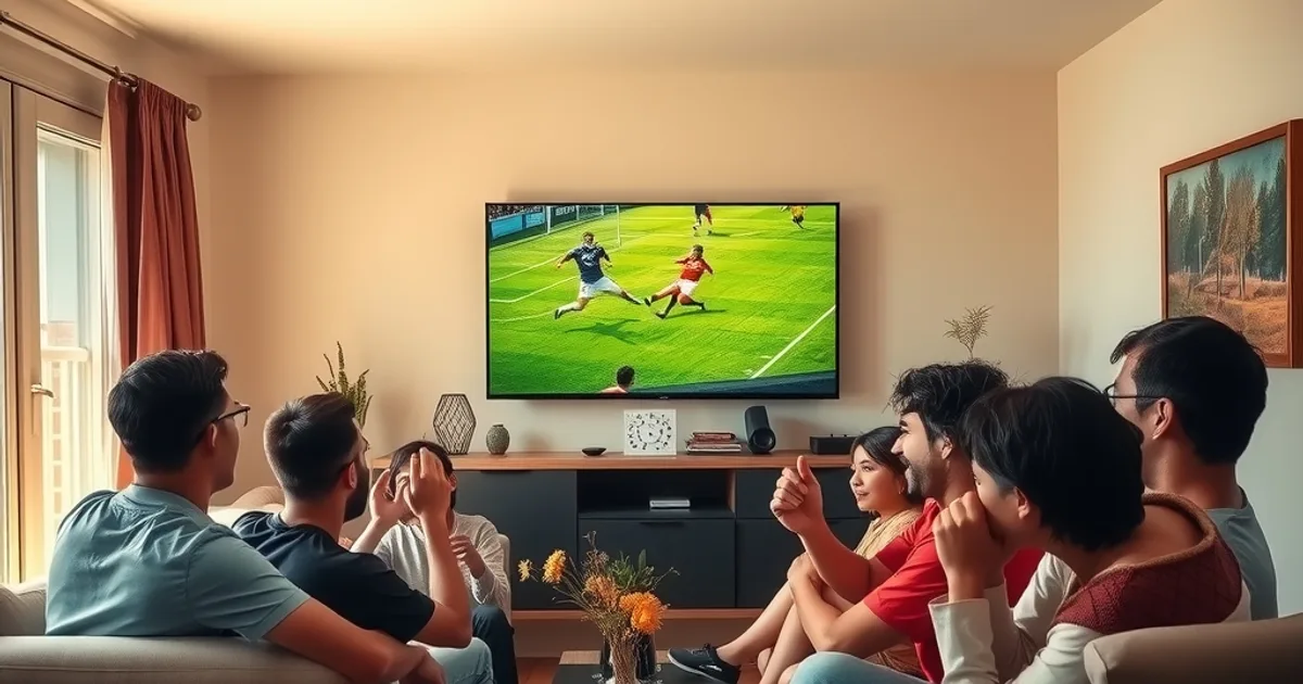 Amici seduti sul divano che guardano insieme una partita di calcio in streaming su una smart TV in un salotto luminoso