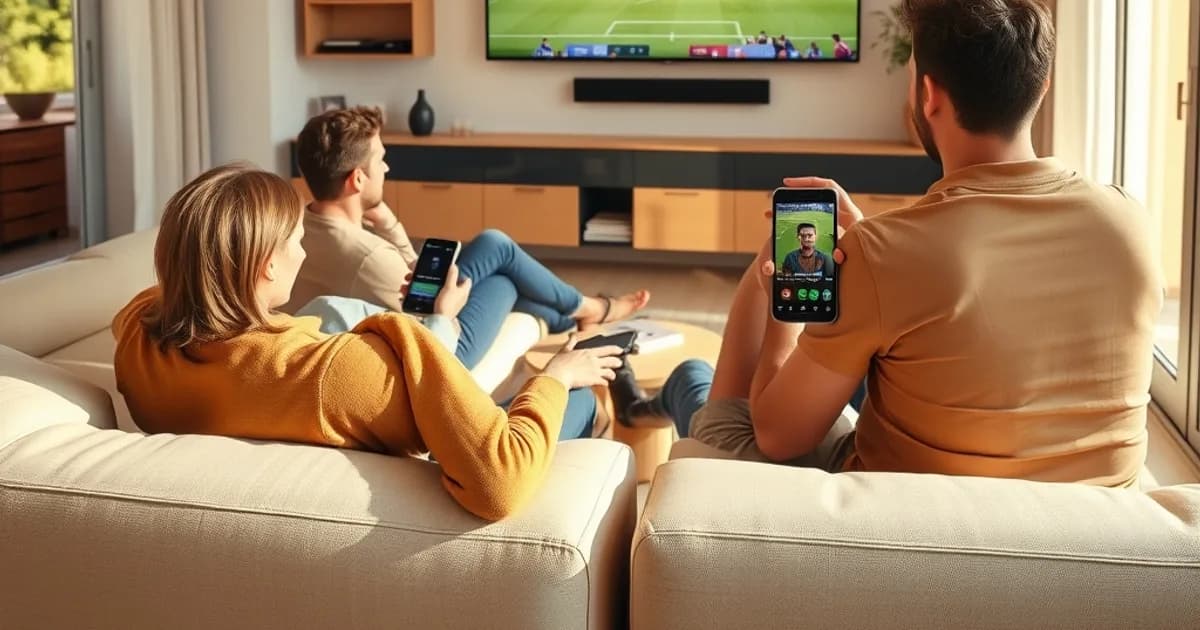 Un gruppo di amici guarda una partita di Coppa Italia in streaming su una smart TV in un salotto luminoso.
