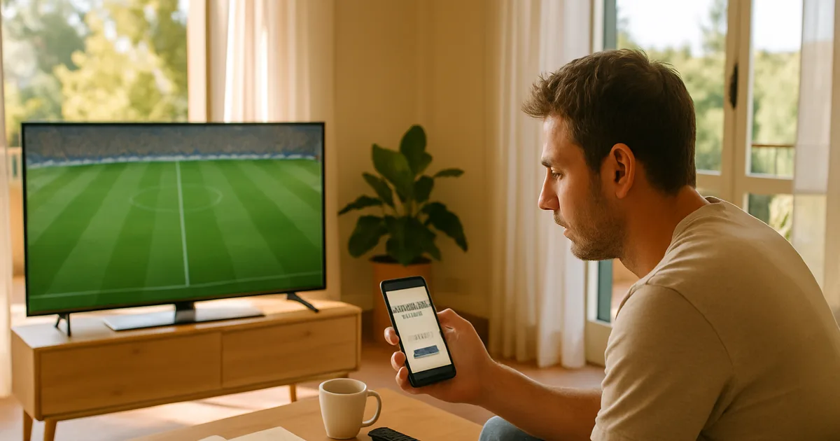 Uomo seduto sul divano in un salotto luminoso che controlla sullo smartphone il rinnovo dell'abbonamento, con la TV accesa su un campo da calcio vuoto e un quaderno con dei conti sul tavolino