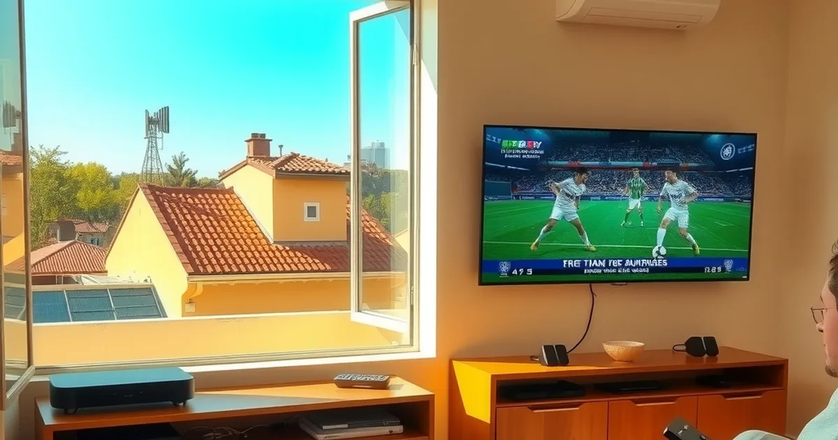 Salotto luminoso con decoder ibrido DVB-T2 e IPTV collegato alla TV, antenna visibile dalla finestra e persona sul divano con un solo telecomando
