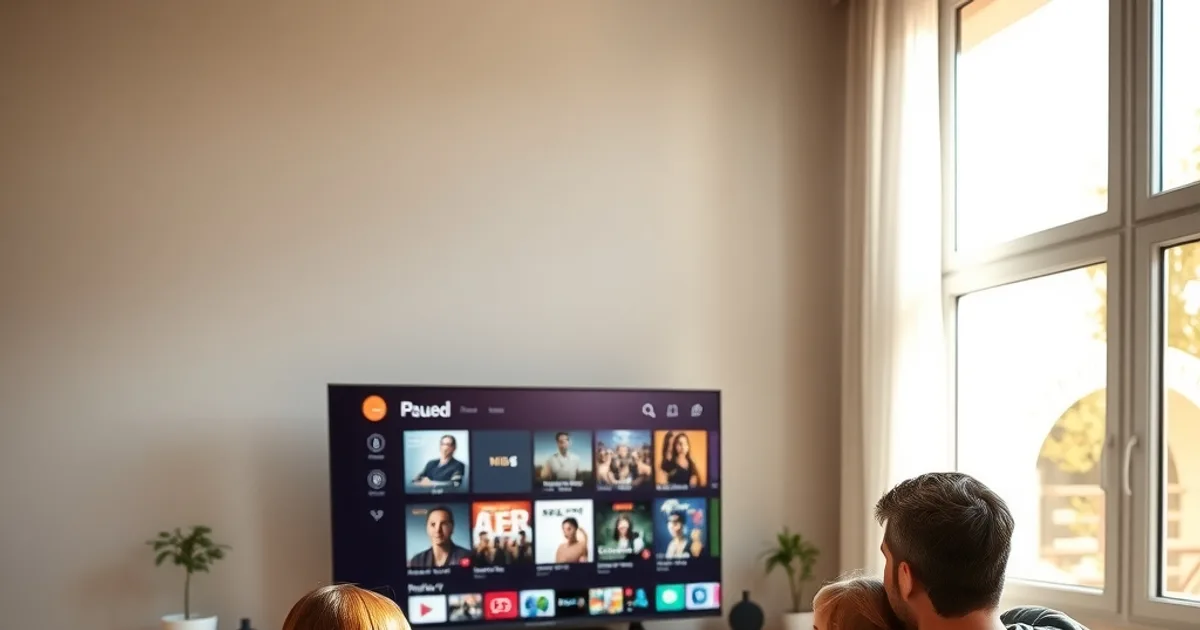 Famiglia riunita sul divano in salotto illuminato dalla luce naturale, davanti alla TV con una griglia di copertine di film, uno smartphone in mano per confrontare le app di streaming