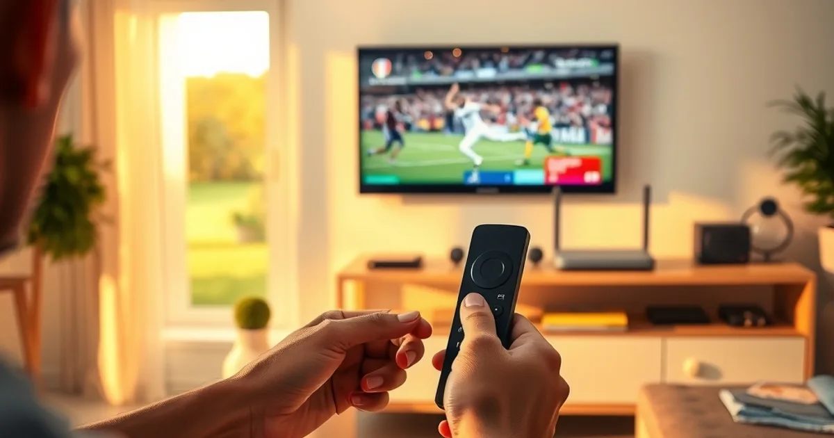 Una persona in soggiorno punta il telecomando verso la TV per guardare una partita in streaming, con router Wi-Fi visibile sullo sfondo in una stanza luminosa