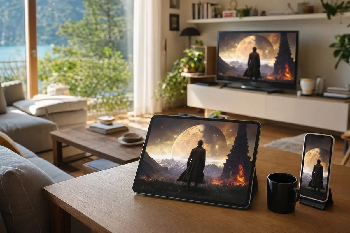 Tablet e smartphone su un tavolo mostrano lo stesso catalogo del televisore in un salotto luminoso