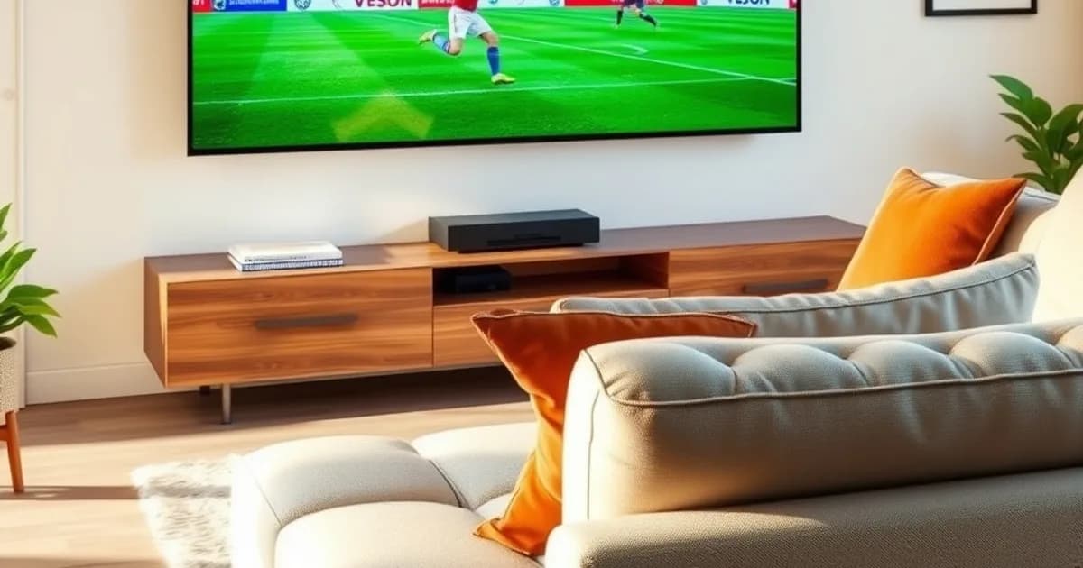 Soggiorno luminoso con televisore a parete che trasmette una partita di calcio con immagine nitida e colori vividi, luce naturale diurna