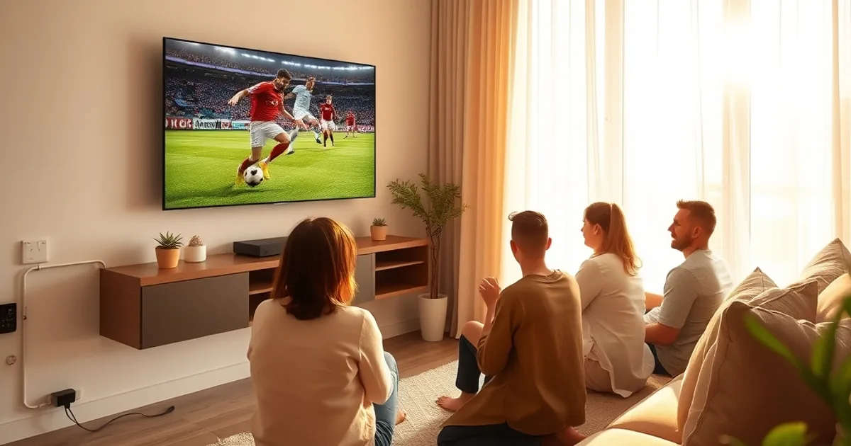 Famiglia in soggiorno luminoso guarda una partita di calcio in 4K su una grande Smart TV collegata via cavo Ethernet