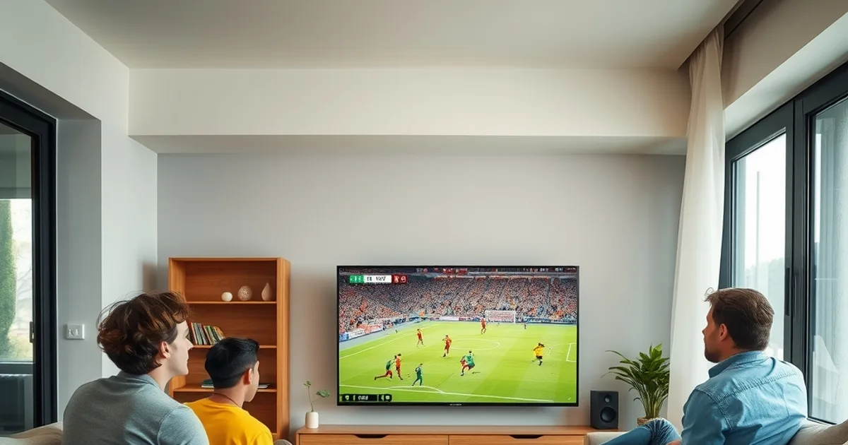 Amici seduti sul divano in un salotto luminoso guardano una partita di calcio in streaming sulla TV di casa