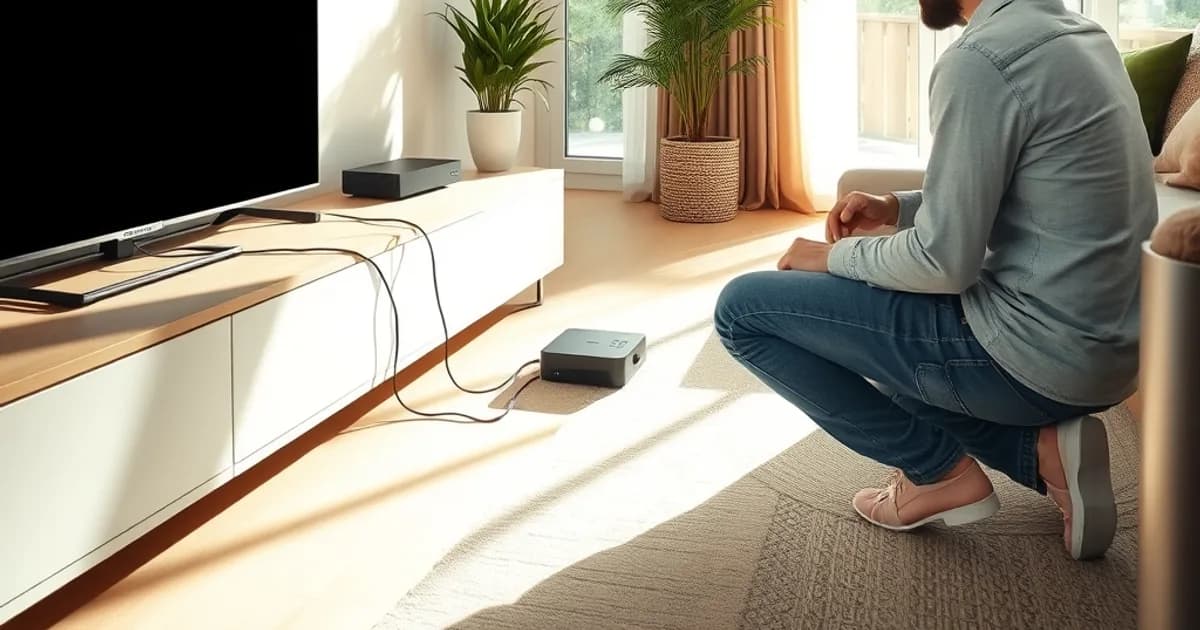 Una persona in salotto, alla luce del giorno, collega un cavo Ethernet dal router al dispositivo TV per risolvere il buffering IPTV