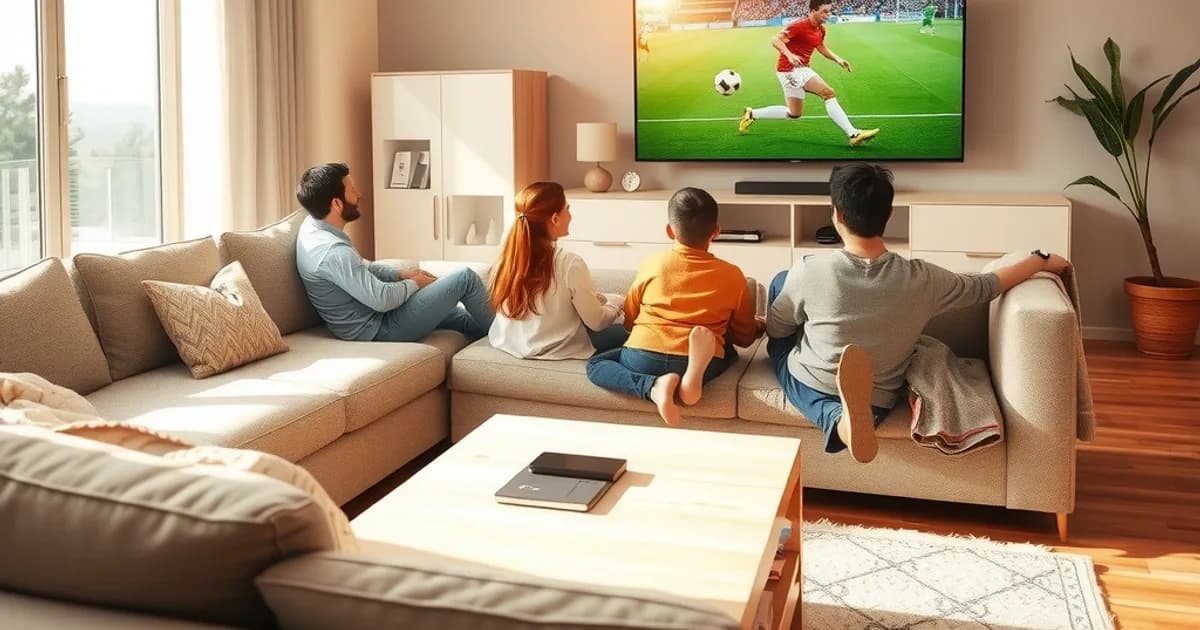 Famiglia in soggiorno luminoso guarda una partita di calcio in streaming su una Smart TV, con smartphone e telecomando sul tavolino