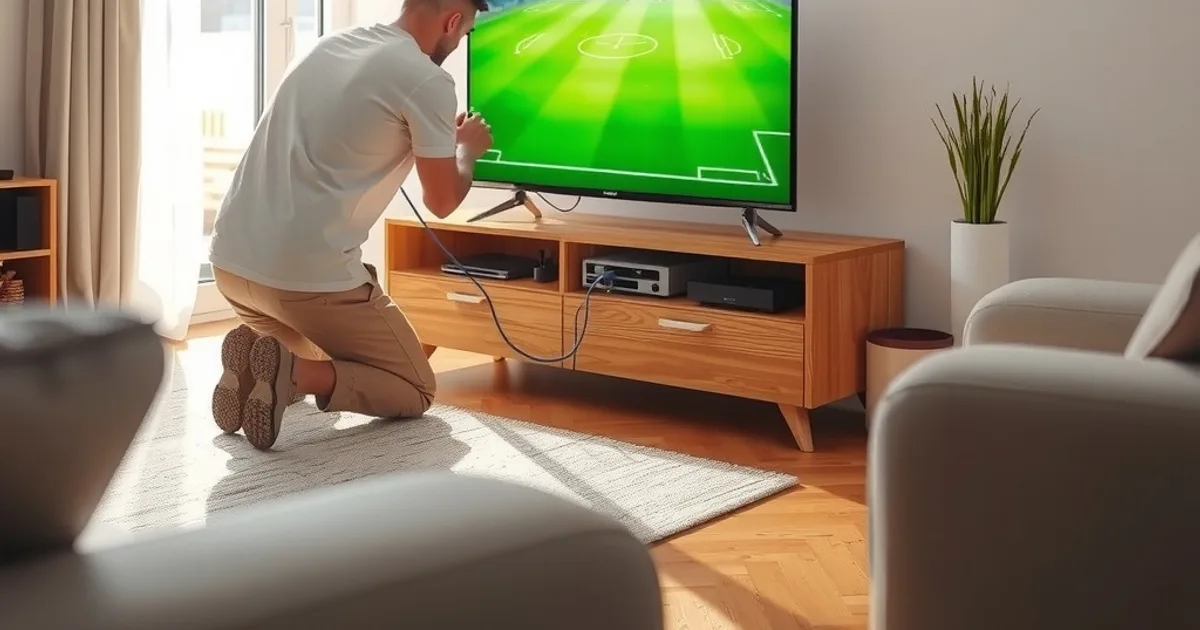 Una persona collega un cavo Ethernet a un decoder TV in un salotto luminoso, con la televisione accesa sullo sfondo