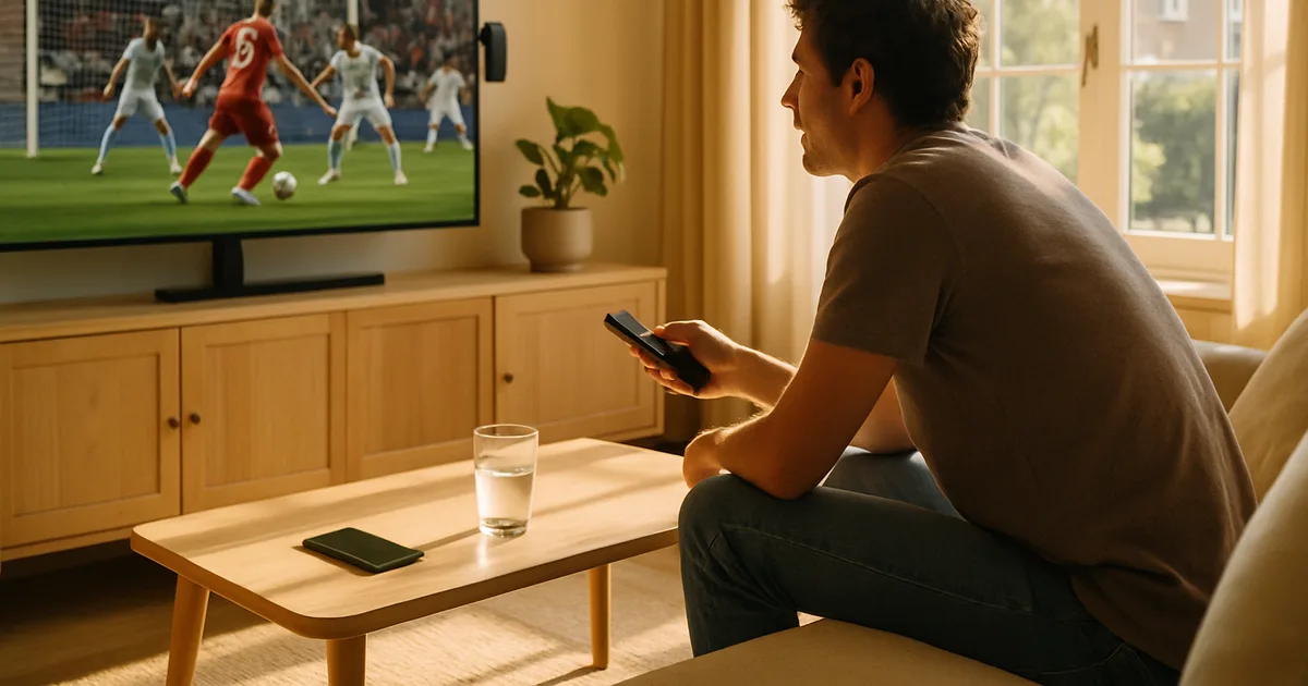 Salotto luminoso di giorno con un televisore a parete che trasmette una partita di calcio, una persona sul divano con il telecomando e un media stick collegato alla TV