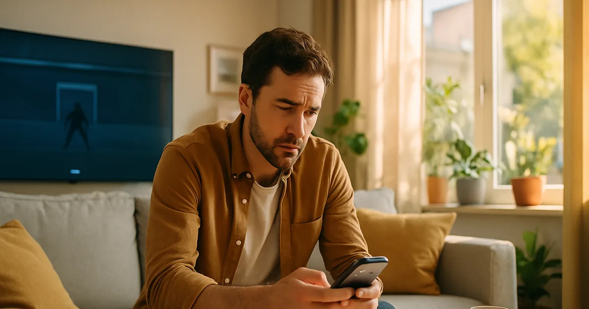 Uomo seduto sul divano in un salotto luminoso che controlla lo smartphone con espressione pensierosa, mentre alle sue spalle un grande televisore mostra uno schermo sportivo fermo