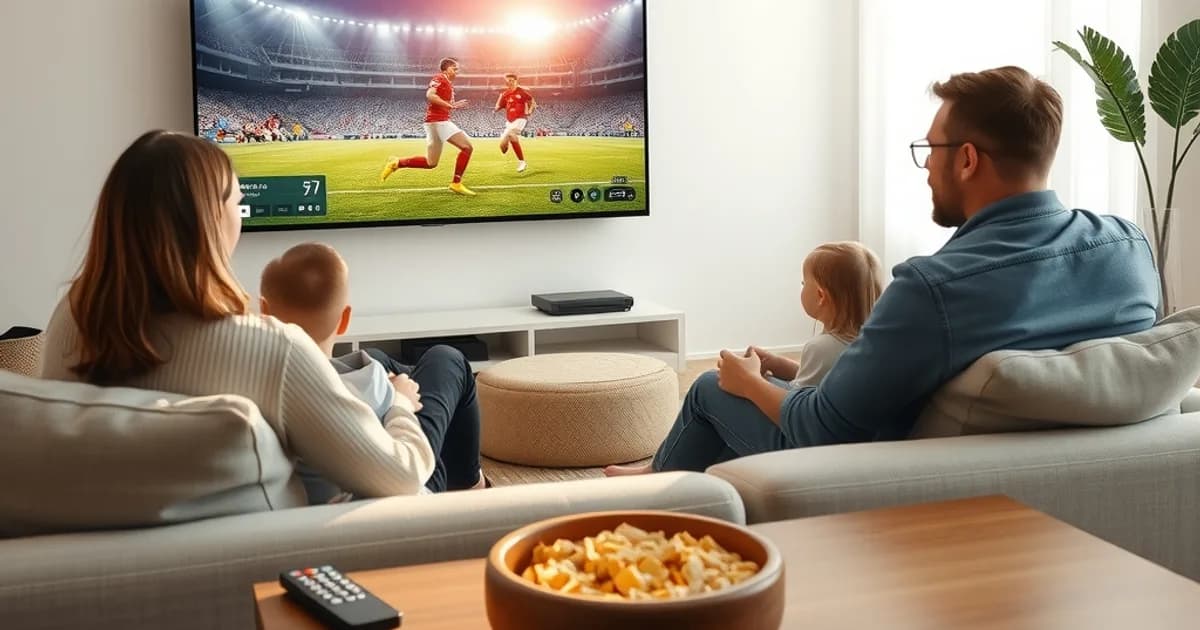 Famiglia italiana in soggiorno luminoso guarda una partita di calcio in streaming su smart TV