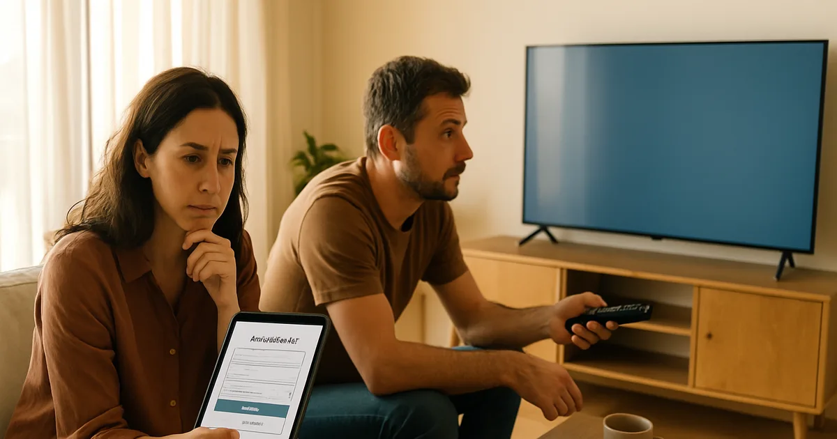 Coppia in un salotto luminoso che valuta con attenzione un abbonamento IPTV su tablet prima di pagare, con il televisore acceso su una schermata neutra