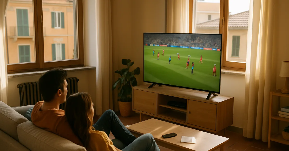 Una coppia guarda con serenità una partita di calcio in diretta in un salotto luminoso di giorno, con uno smartphone e una lettera sul tavolino