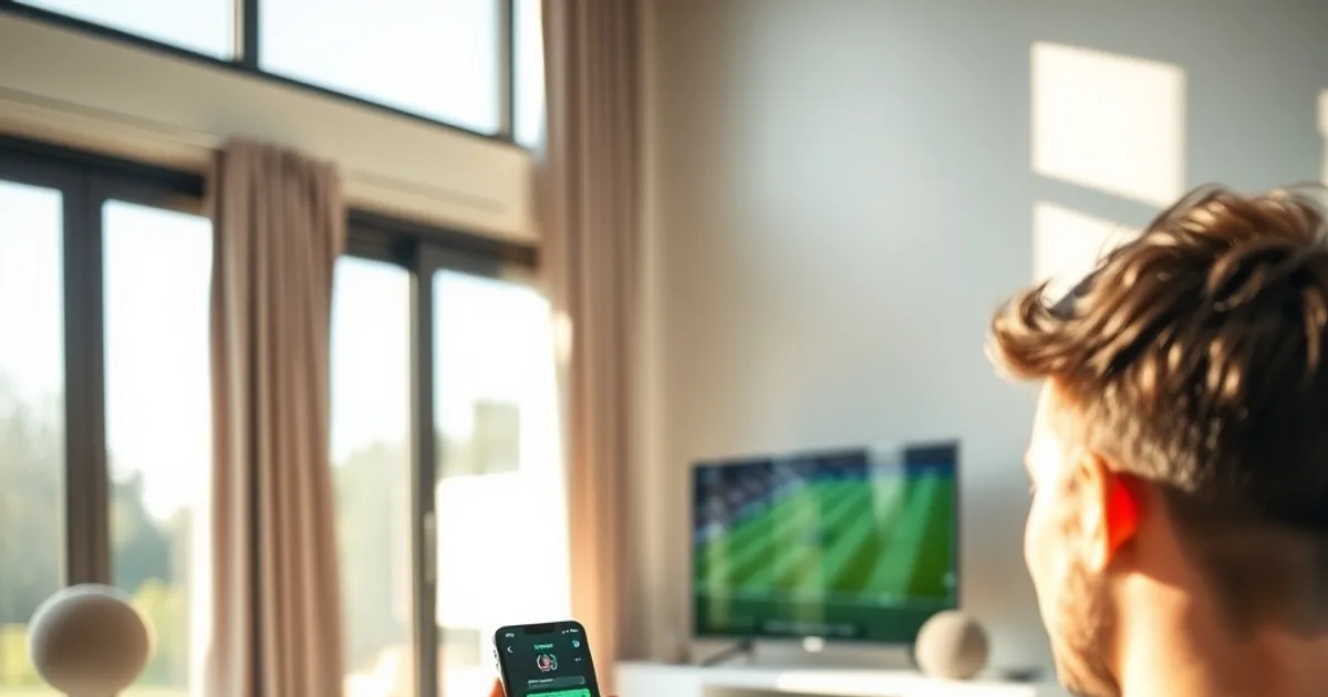 Persona seduta sul divano in un salotto luminoso mentre controlla il telefono con la TV accesa su una partita di calcio sullo sfondo