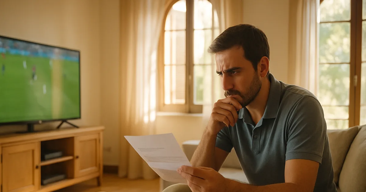 Uomo seduto sul divano di un soggiorno luminoso mentre legge una lettera ufficiale, con la partita di calcio in pausa sul televisore alle sue spalle