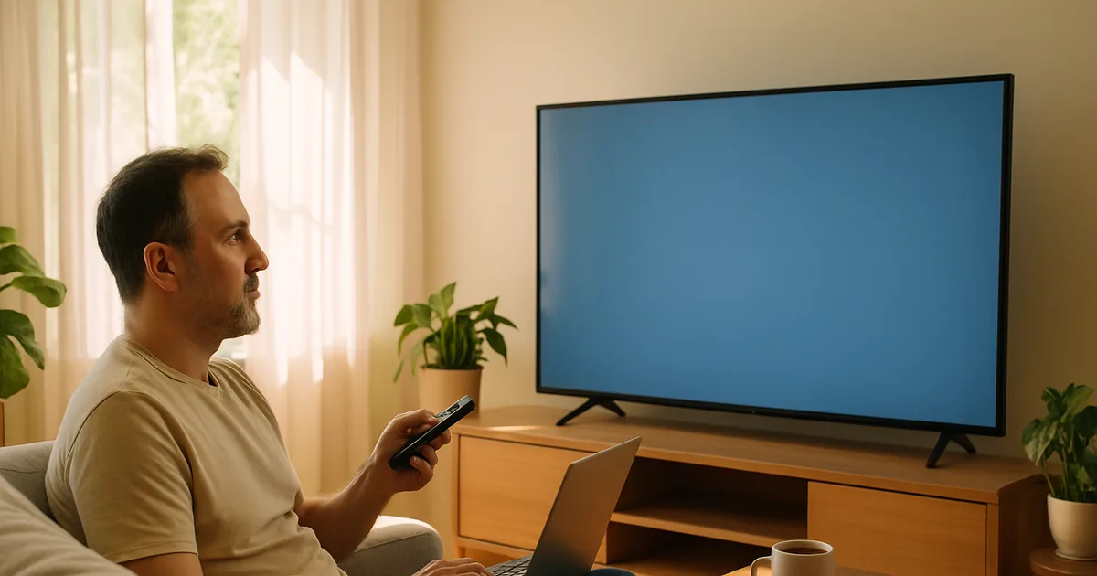 Un uomo in un salotto luminoso guarda perplesso un televisore spento con schermo blu, laptop sulle ginocchia e telecomando in mano, in una scena di luce naturale diurna