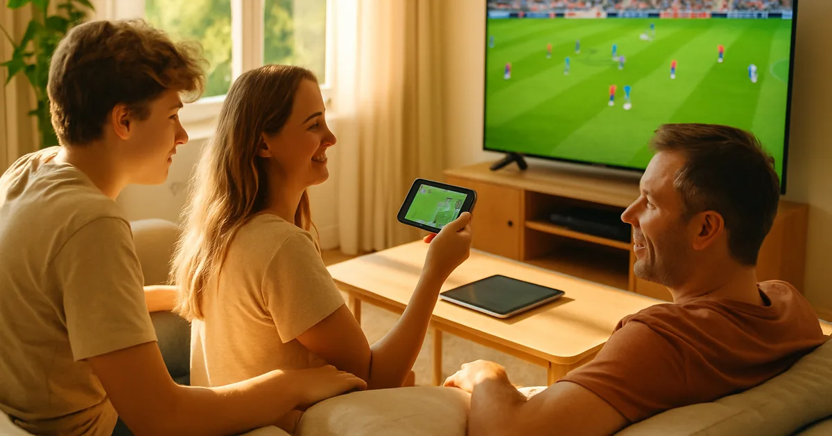 Una famiglia guarda una partita di calcio dei Mondiali su una Smart TV in un soggiorno luminoso, con uno smartphone e un tablet che mostrano un secondo match.