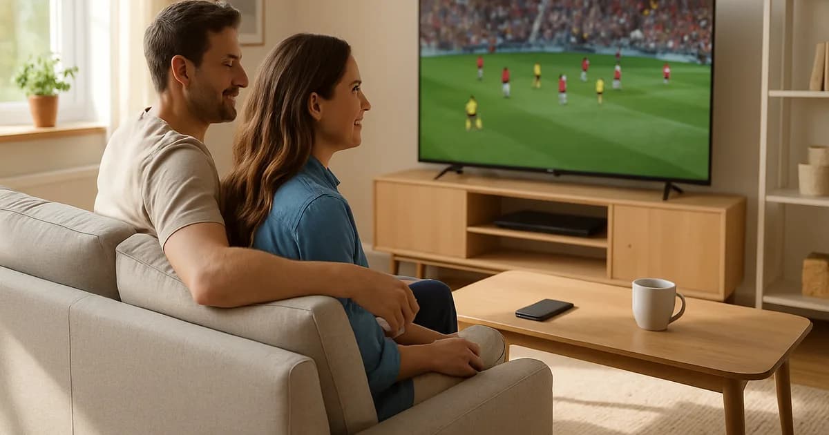 Coppia serena guarda una partita dei Mondiali in salotto luminoso, con smartphone sul tavolo, in una scena di visione tranquilla e legale