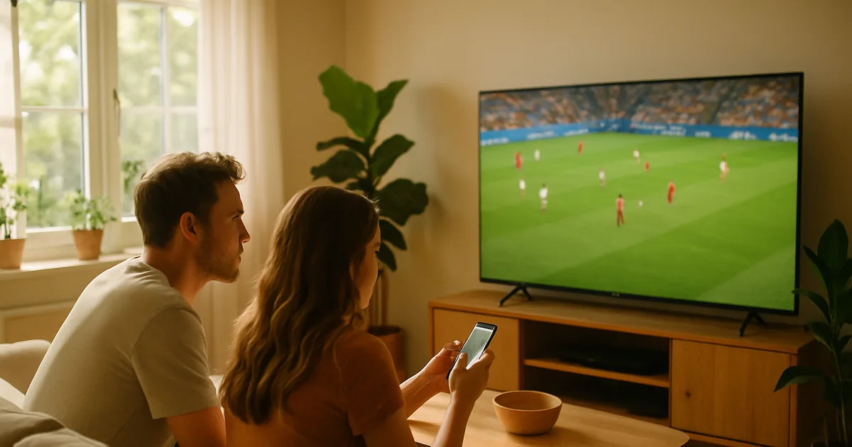Coppia rilassata guarda una partita dei Mondiali in salotto luminoso di giorno, uno smartphone in mano per verificare il servizio