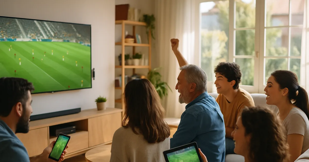 Famiglia e amici in un soggiorno luminoso di giorno guardano una partita di calcio su una grande Smart TV, con uno smartphone e un tablet che mostrano lo stesso match