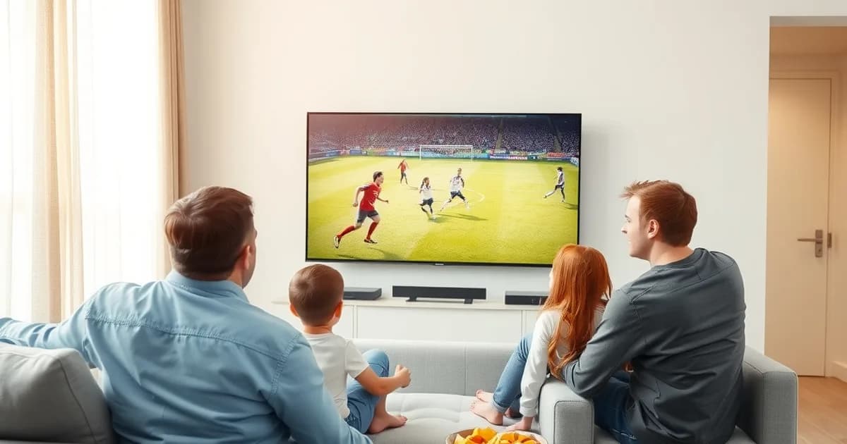 Famiglia in soggiorno luminoso guarda una partita di calcio in streaming su una grande TV, luce naturale del pomeriggio