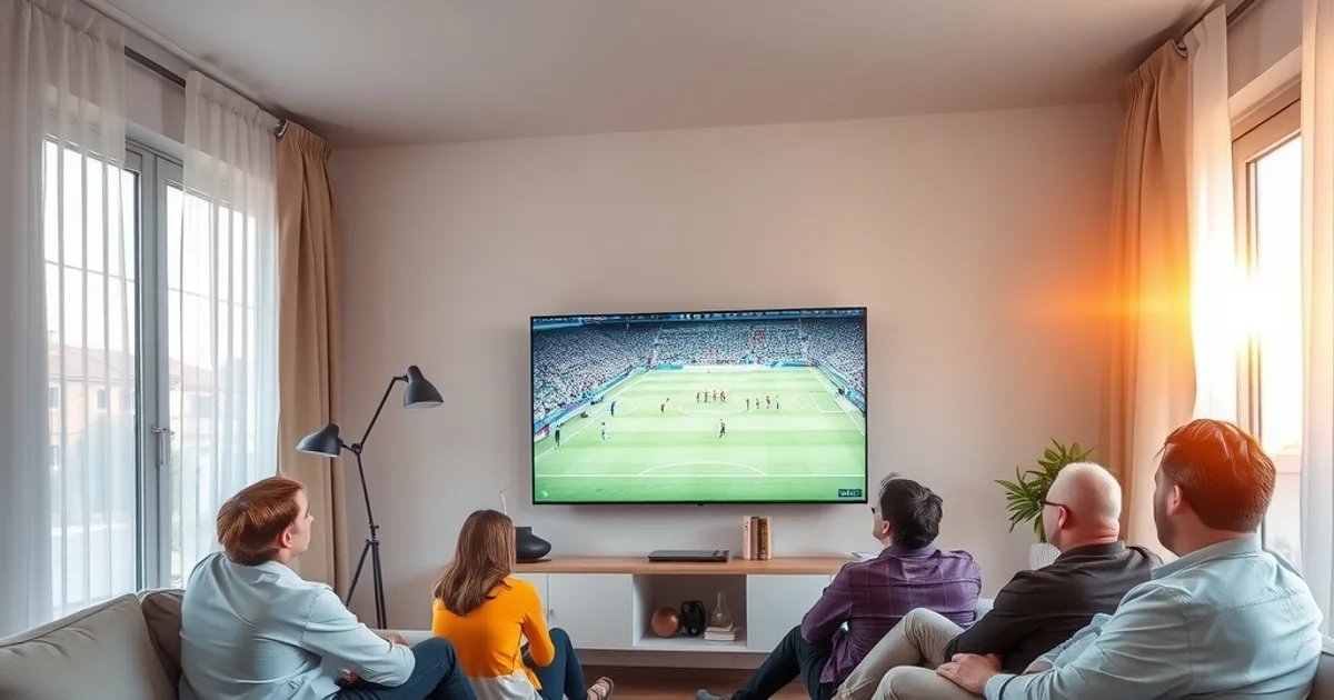 Amici seduti sul divano in un soggiorno luminoso guardano una partita di calcio in TV nel tardo pomeriggio