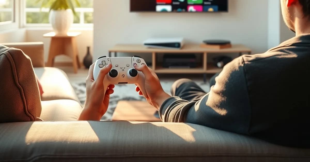 Persona seduta sul divano con un controller in mano guarda una griglia di canali IPTV sulla TV collegata a una console da salotto, salotto luminoso di giorno