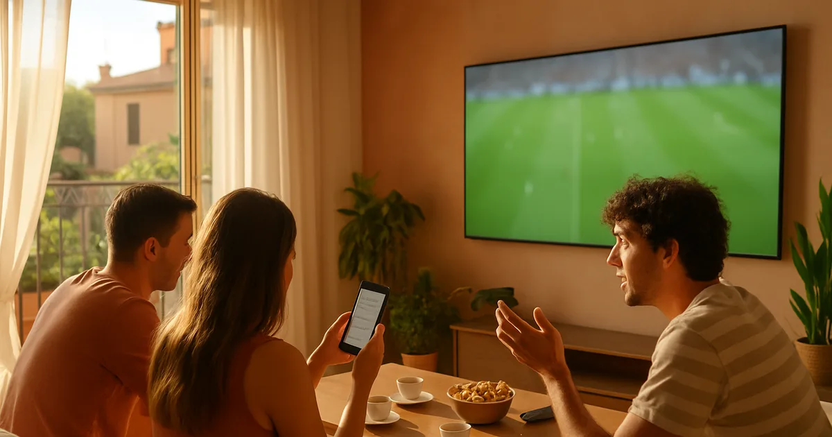 Tre amici in un soggiorno luminoso guardano una partita di calcio in TV in un pomeriggio di fine estate, con smartphone e caffè sul tavolino