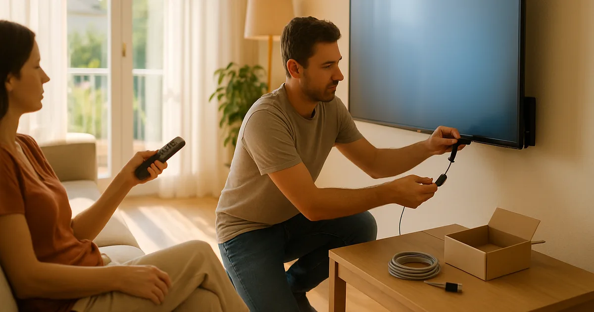 Uomo che collega una chiavetta streaming HDMI dietro il televisore in un salotto luminoso, con una donna seduta sul divano che tiene il telecomando e un cavo ethernet sul tavolino