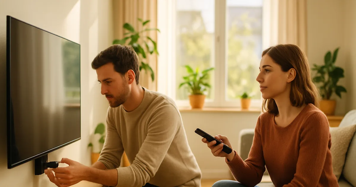 Un uomo collega un piccolo dongle HDMI dietro una Smart TV a parete mentre una donna sul divano tiene il telecomando, in un salotto luminoso di giorno.