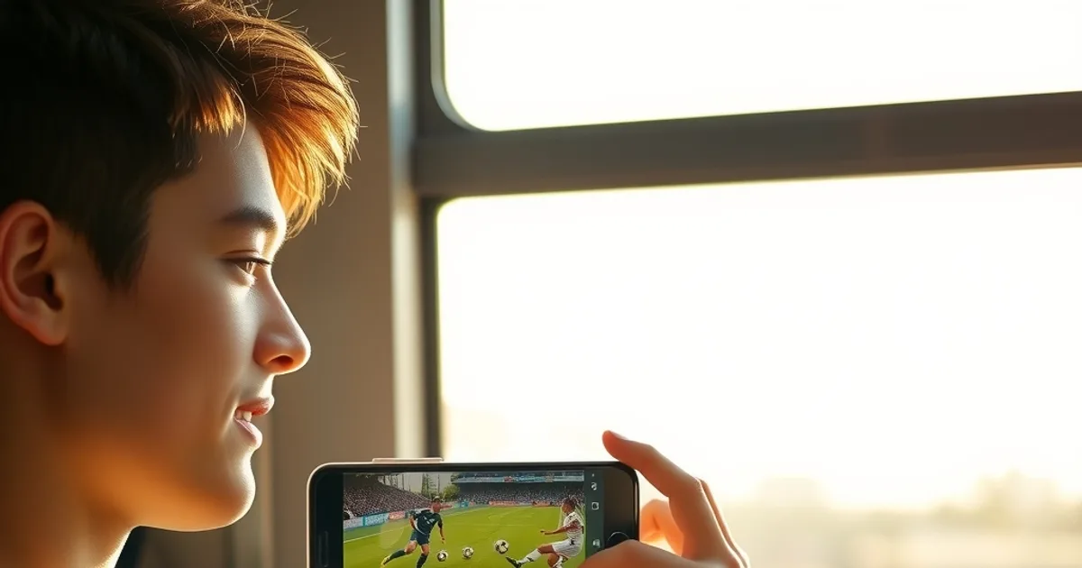 Una persona guarda una partita di calcio in streaming dal proprio smartphone durante uno spostamento in treno, in piena luce naturale