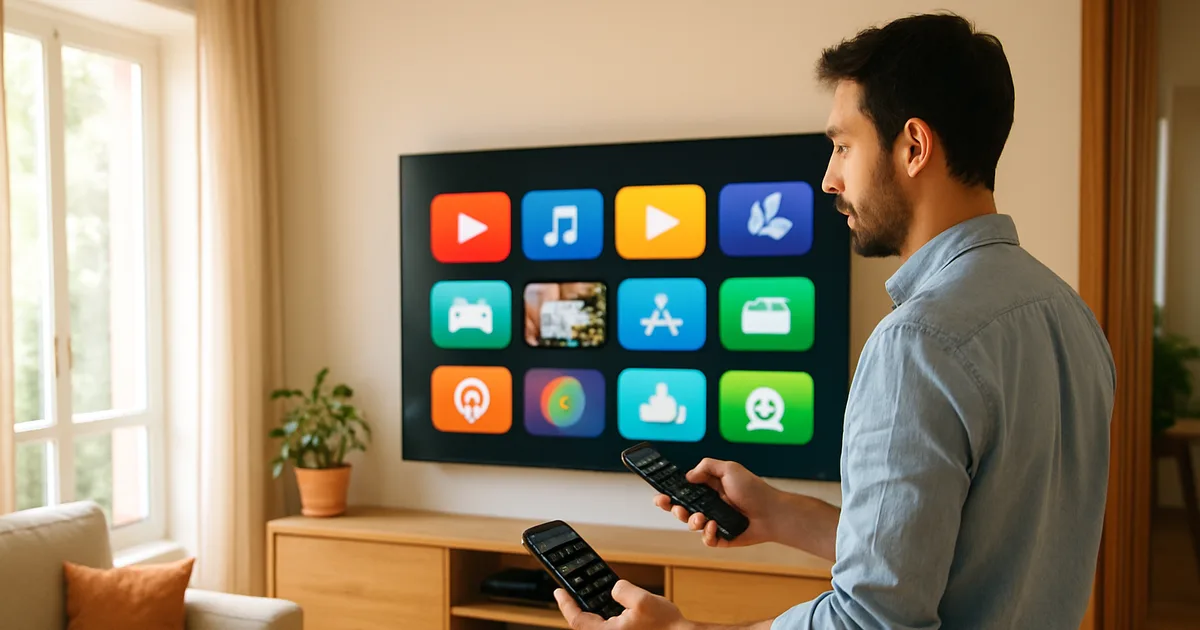 Un uomo in soggiorno usa il telecomando davanti a una Smart TV a parete per cercare un'app player, con lo smartphone in mano, alla luce naturale del giorno.