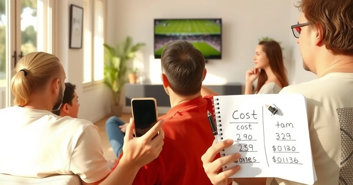 Gruppo di amici guarda una partita di calcio in un salotto luminoso, con un quaderno di appunti sui costi appoggiato sul divano