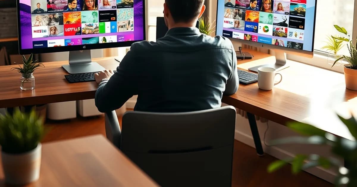 Una persona lavora alla scrivania con un Mac e un portatile Windows aperti fianco a fianco, entrambi con un'interfaccia di canali TV, in una stanza luminosa e soleggiata