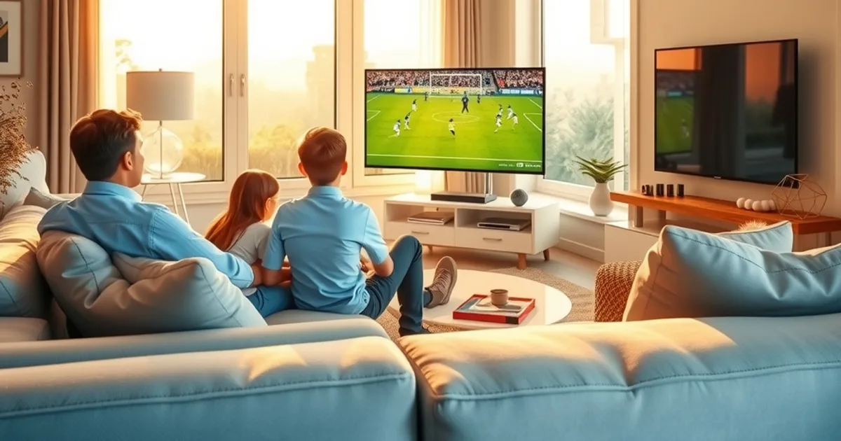 Famiglia italiana guarda la partita della nazionale in un salotto luminoso nel tardo pomeriggio