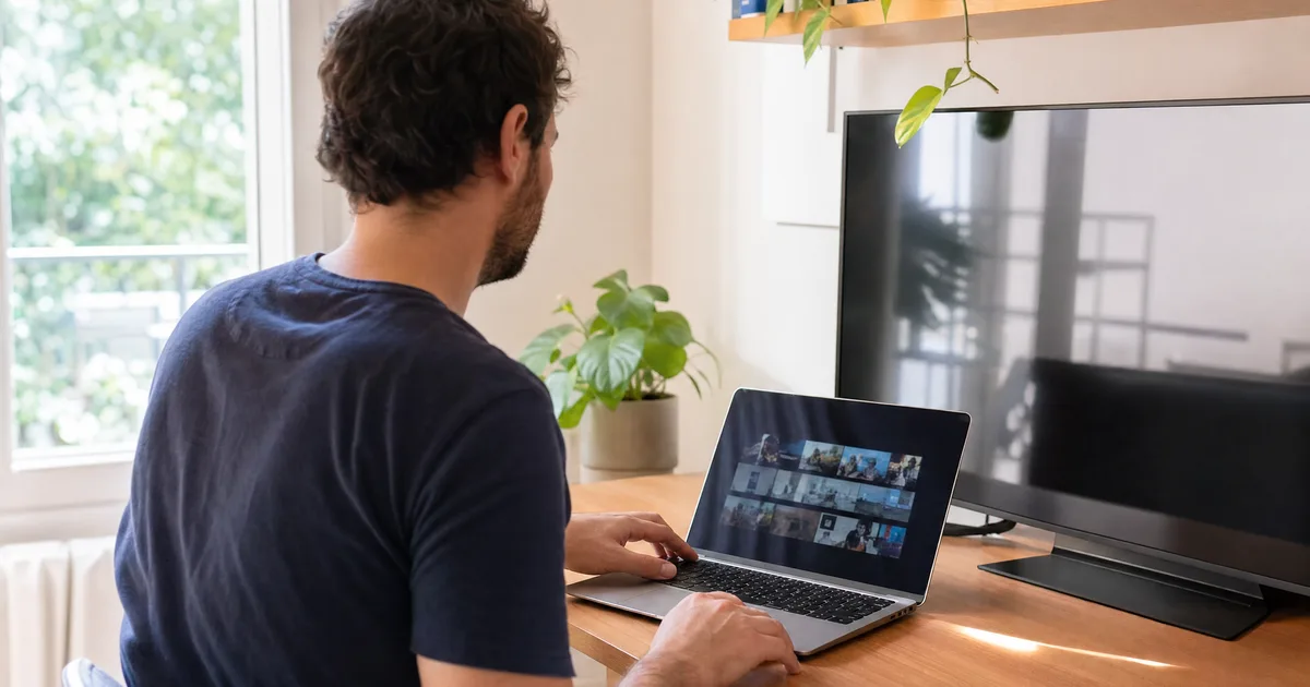 Laptop aperto accanto a un televisore mentre si configura la lista in un salotto luminoso