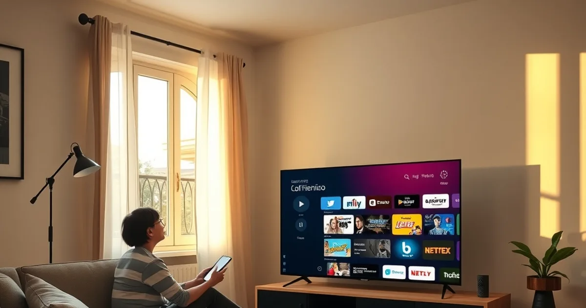 Persona configura un'app IPTV su una Smart TV in un soggiorno luminoso, con smartphone appoggiato sul tavolino