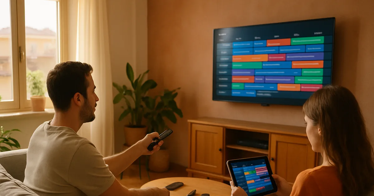 Salotto luminoso di giorno: un uomo sul divano punta il telecomando verso il televisore che mostra una griglia della guida programmi, mentre accanto a lui una ragazza consulta la stessa interfaccia su un tablet e sul tavolino ci sono uno smartphone e una chiavetta streaming.