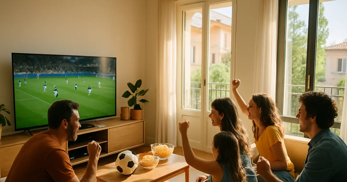 Famiglia e amici guardano una partita di calcio dei Mondiali su una grande TV 4K in un salotto luminoso di giorno, con palloni e snack sul tavolino
