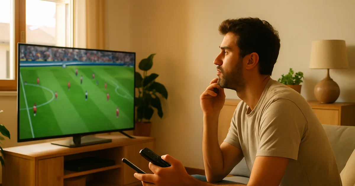 Una persona sul divano in un salotto luminoso guarda una partita di calcio in TV tenendo in mano smartphone e telecomando, mentre valuta come seguire i Mondiali 2026 in streaming.