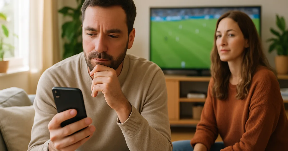 Coppia in un soggiorno luminoso guarda una partita di calcio in TV mentre l'uomo controlla lo smartphone con espressione dubbiosa, come se stesse valutando dove vedere i Mondiali in modo sicuro.