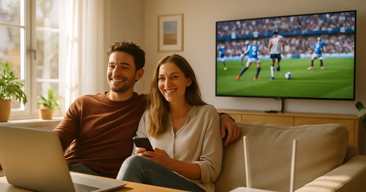 Coppia rilassata sul divano guarda una partita di calcio in TV in un salotto luminoso di giorno, con laptop e router sul tavolino